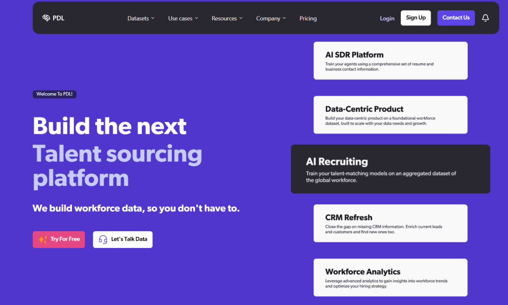 People Data Labs homepage presenting workforce data for AI recruiting, talent sourcing, CRM enrichment, and workforce analytics.