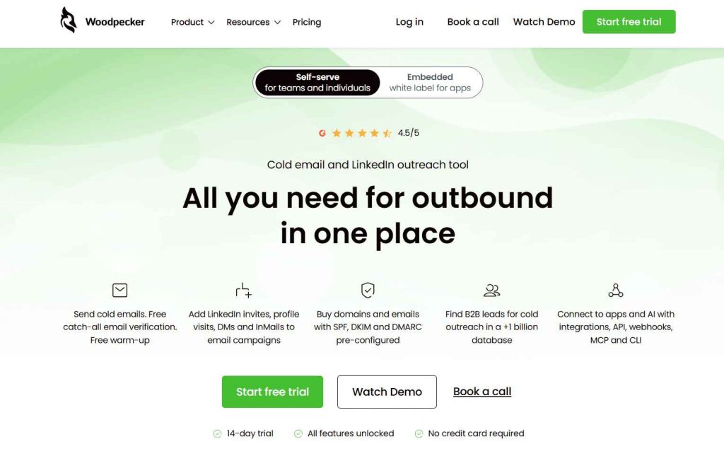Woodpecker homepage presenting an all-in-one cold email and LinkedIn outreach platform.