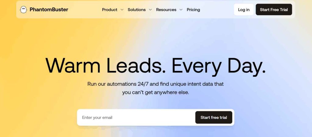 PhantomBuster homepage promoting automated lead generation and intent data collection.