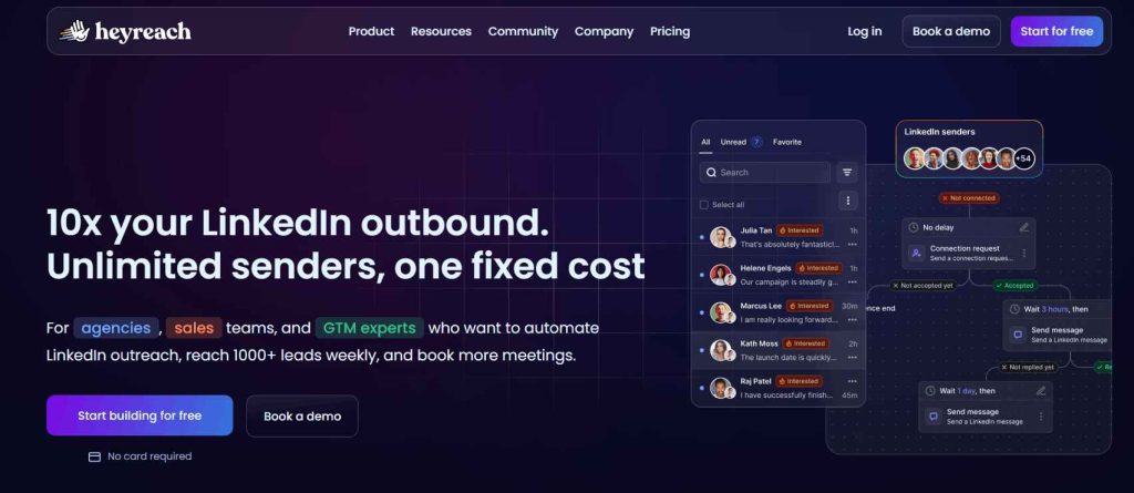 HeyReach homepage presenting multi-account LinkedIn outreach automation for agencies and sales teams.