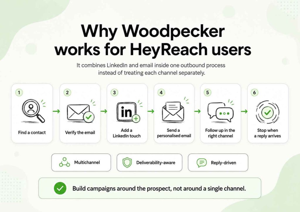 Woodpecker workflow combining contact discovery, email verification, LinkedIn engagement, personalized email, and reply-based follow-up.