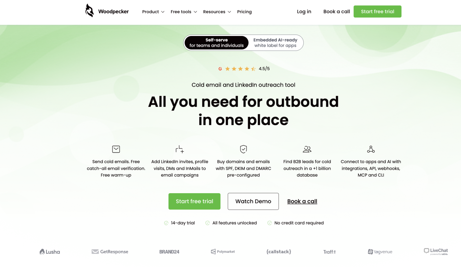 Woodpecker homepage showing cold email and LinkedIn outreach tools for sales teams.