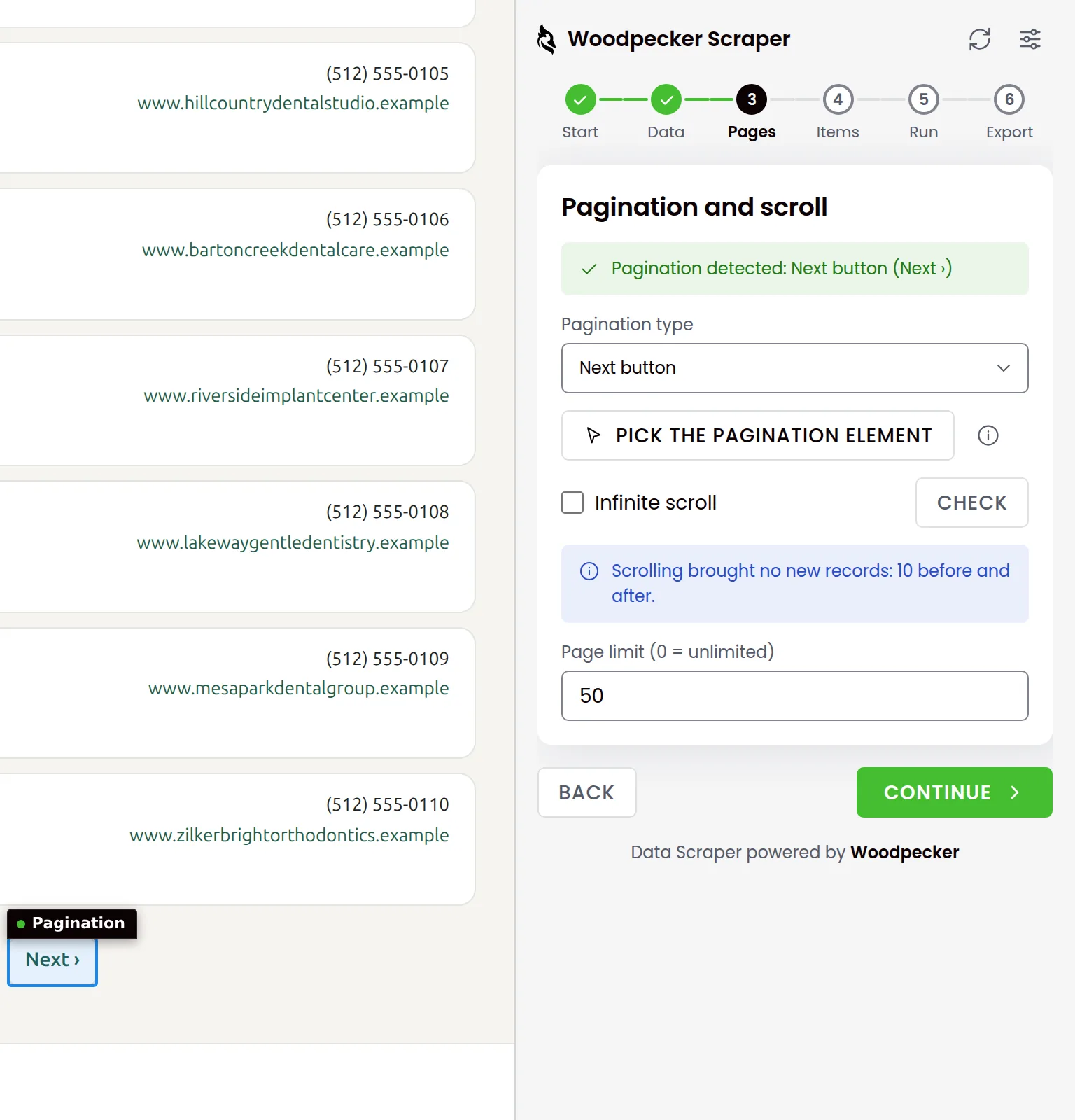 The Pagination and scroll step reading Pagination detected: Next button. On the directory page the Next link is outlined and tagged Pagination, and the page limit field shows 50.