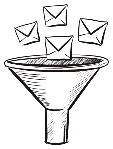 A funnel with envelopes dropping in