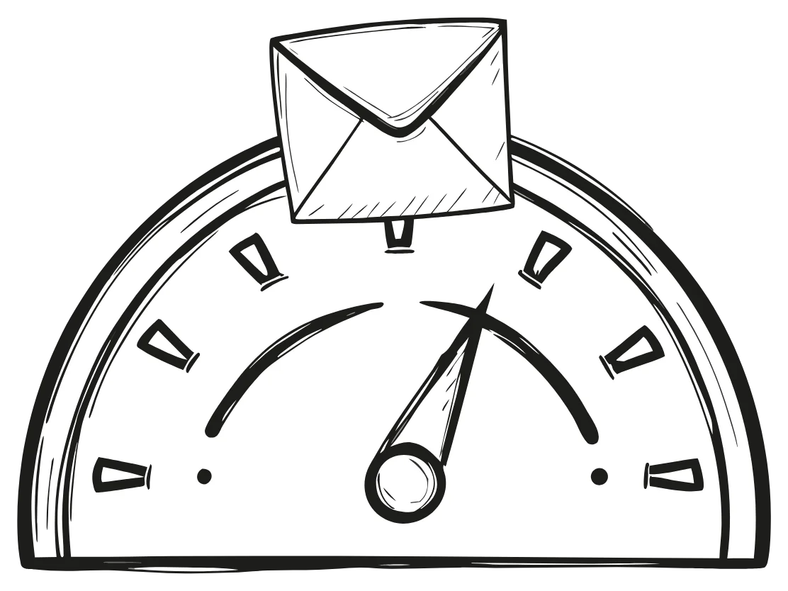 Doodle of a half circle speedometer dial with a small envelope standing on top of it and the pointer arrow pointing up and to the right