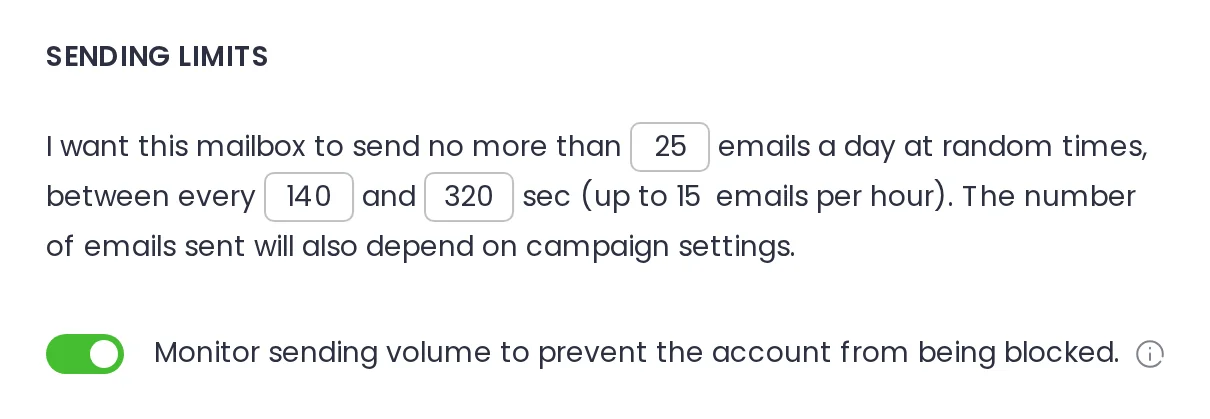 Woodpecker sending settings showing a mailbox daily limit, a send interval and the switch that monitors sending volume