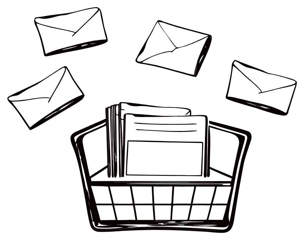 Doodle of envelopes flying in from every side into one open letter tray filled with mail