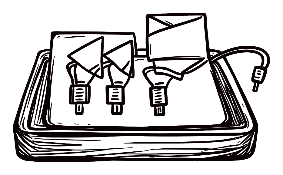 A letter tray with three cords plugged into it, each ending in an envelope