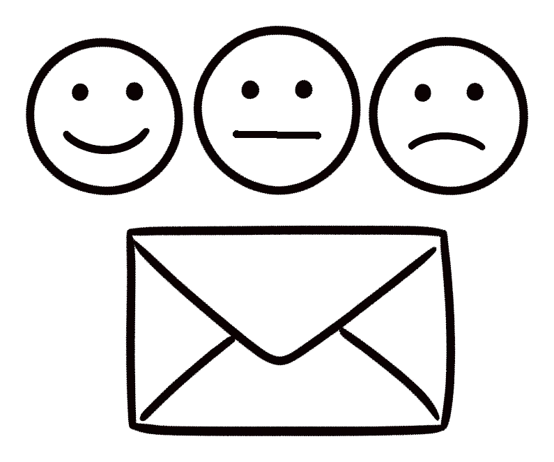A closed envelope with three faces above it, one smiling, one flat and one frowning