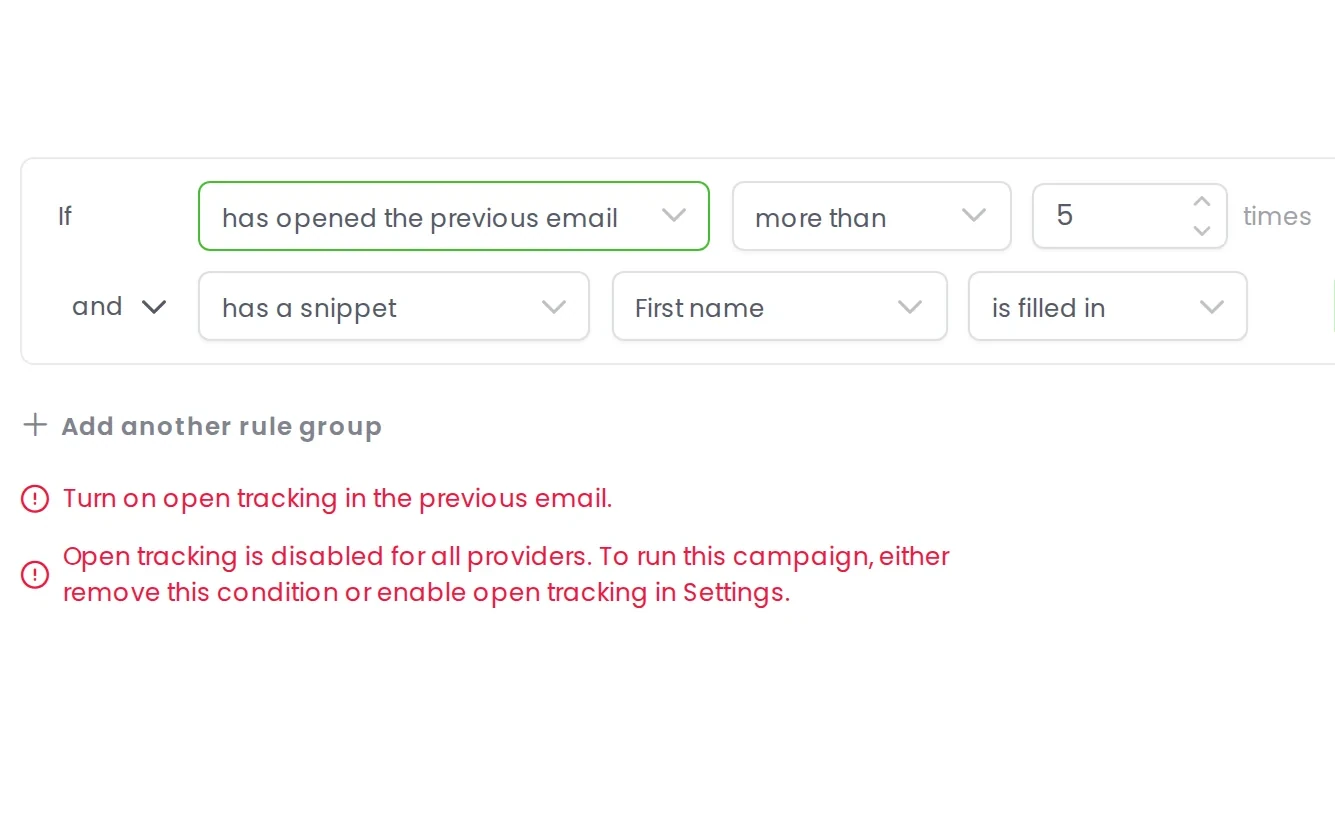 Woodpecker asking for open tracking to be turned on before an open-based condition can be saved