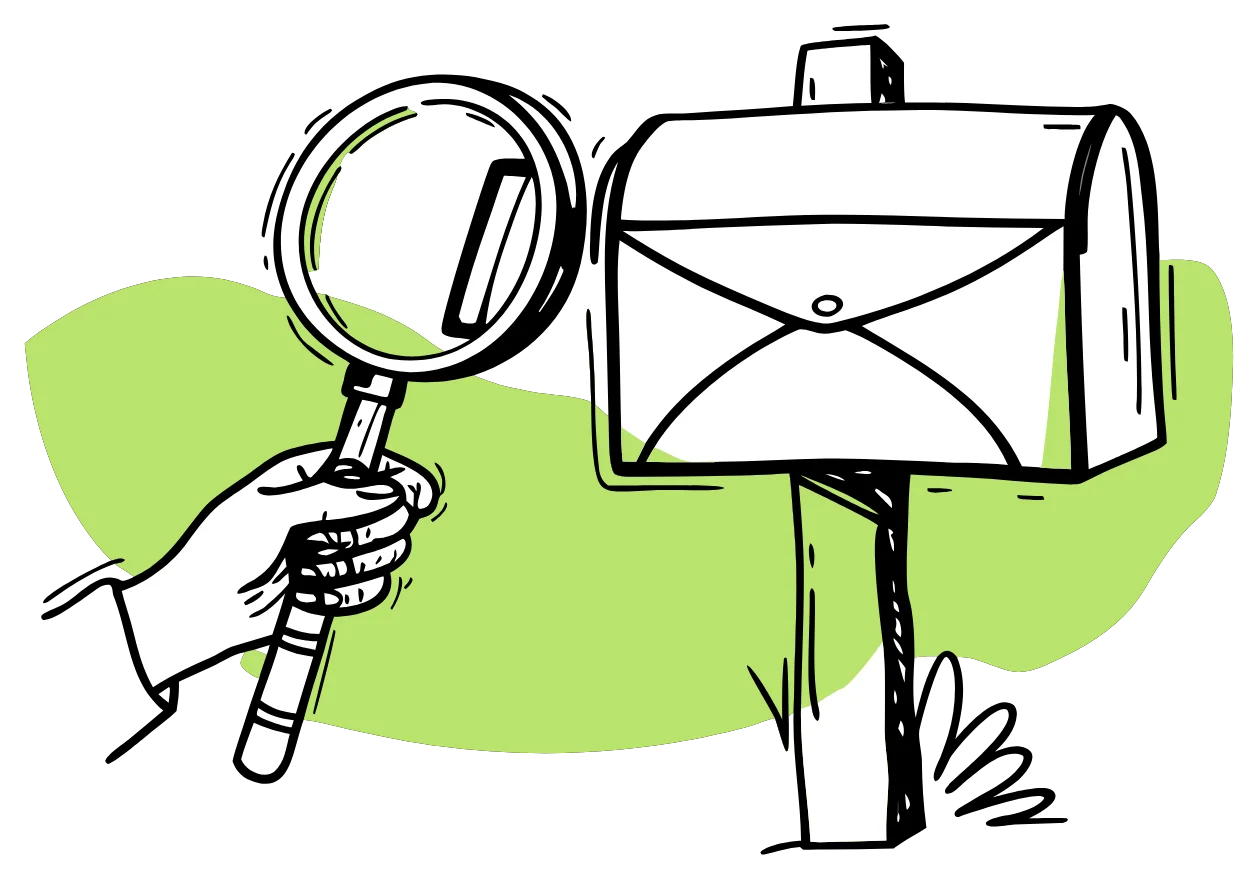 A hand holding a magnifying glass up to a mailbox on a wooden post, its front drawn as a closed envelope