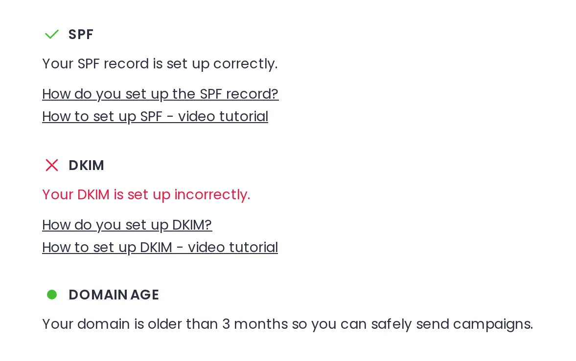 Domain Check-up tab showing an SPF record passing, a DKIM record failing and the domain age