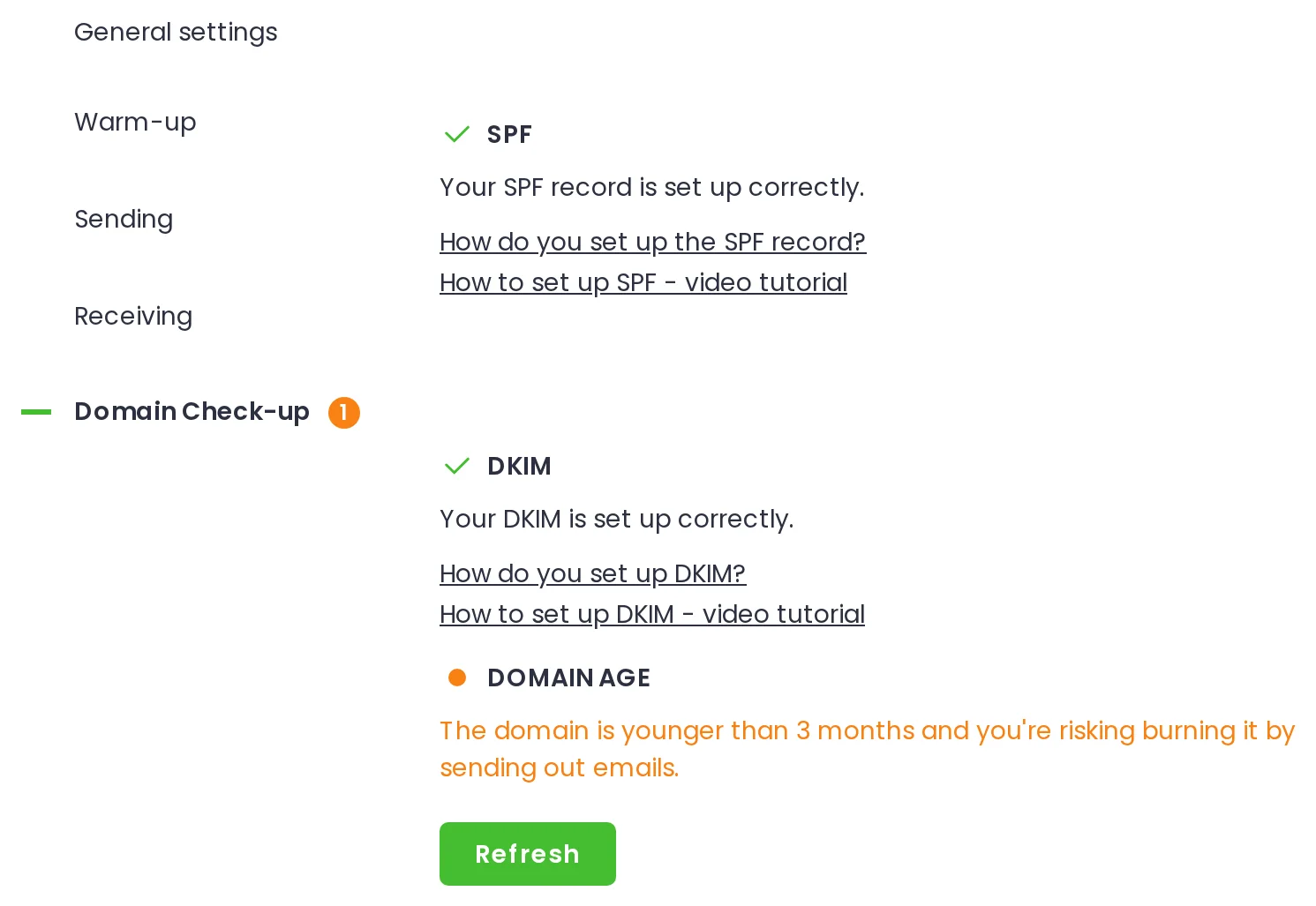 The Domain Check-up tab open in a mailbox's settings, with the Refresh button below the report