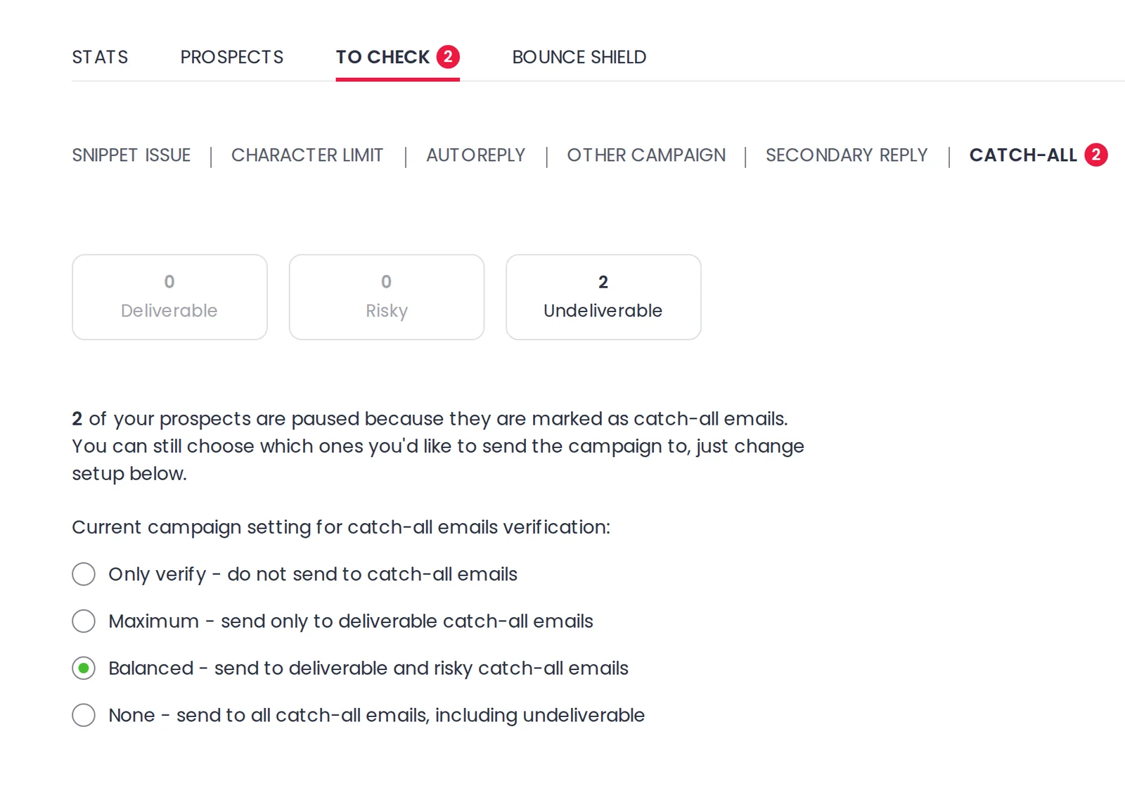 The To Check tab showing how many catch-all addresses came back deliverable, risky or undeliverable