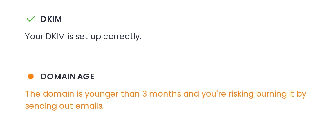 Domain Check-up showing an orange dot next to a domain that is too new to send from
