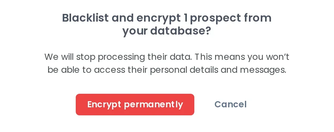 Woodpecker asking to confirm permanent encryption of a prospect's personal data