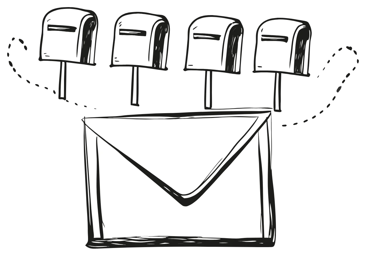 Doodle of one large envelope with dotted trails curving up from it toward four mailboxes standing in a row on posts
