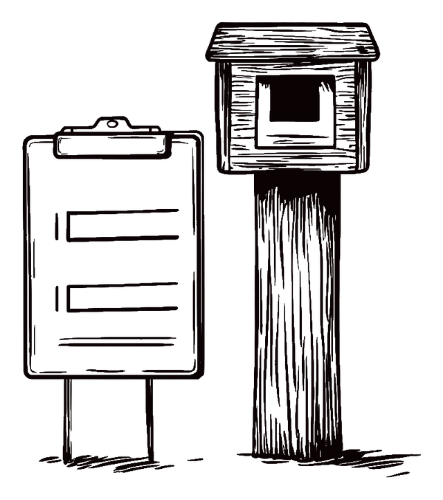Doodle of a clipboard with a short list standing beside a mailbox on a post