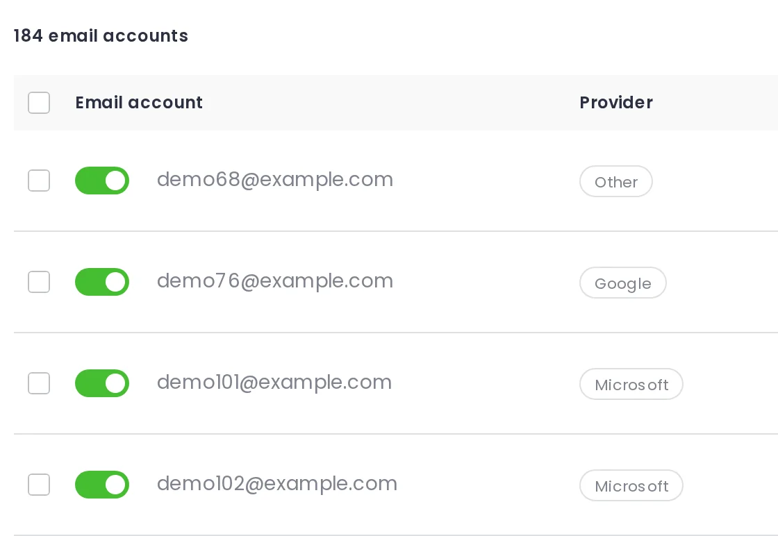 Accounts tab showing connected email accounts with the toggle that takes one out of sending