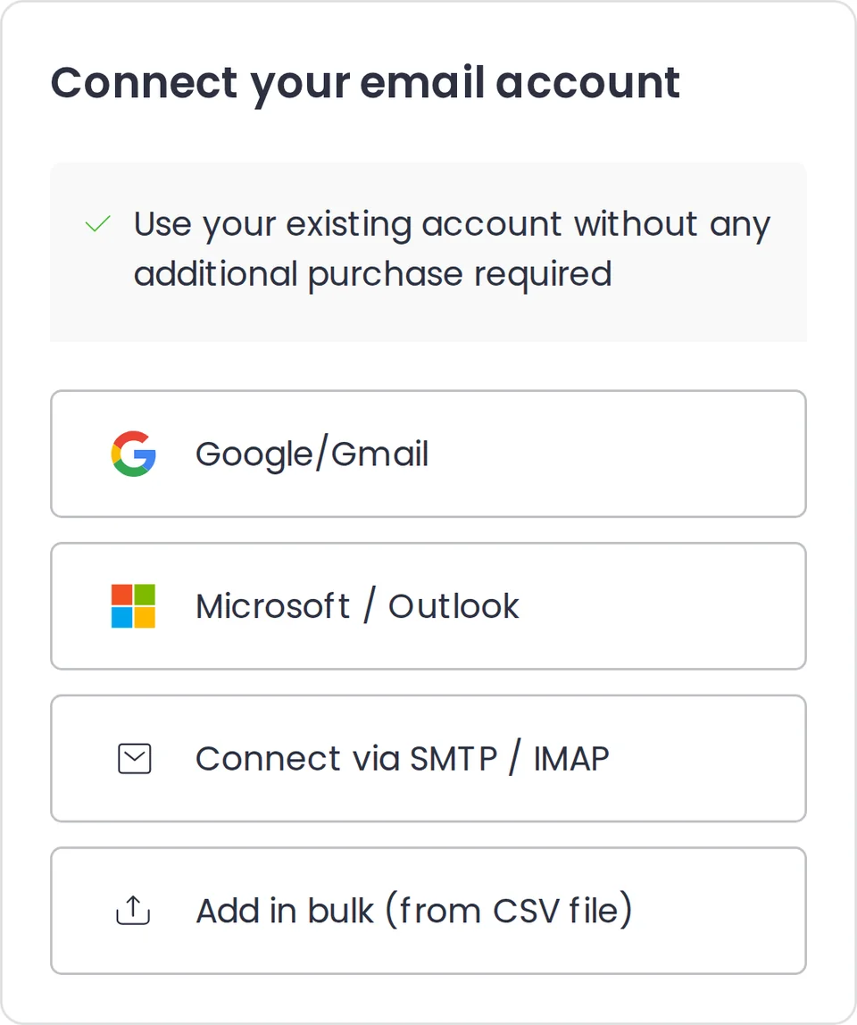 Woodpecker dialog for connecting an email account, listing Google, Microsoft, SMTP and IMAP, and add in bulk from a CSV file