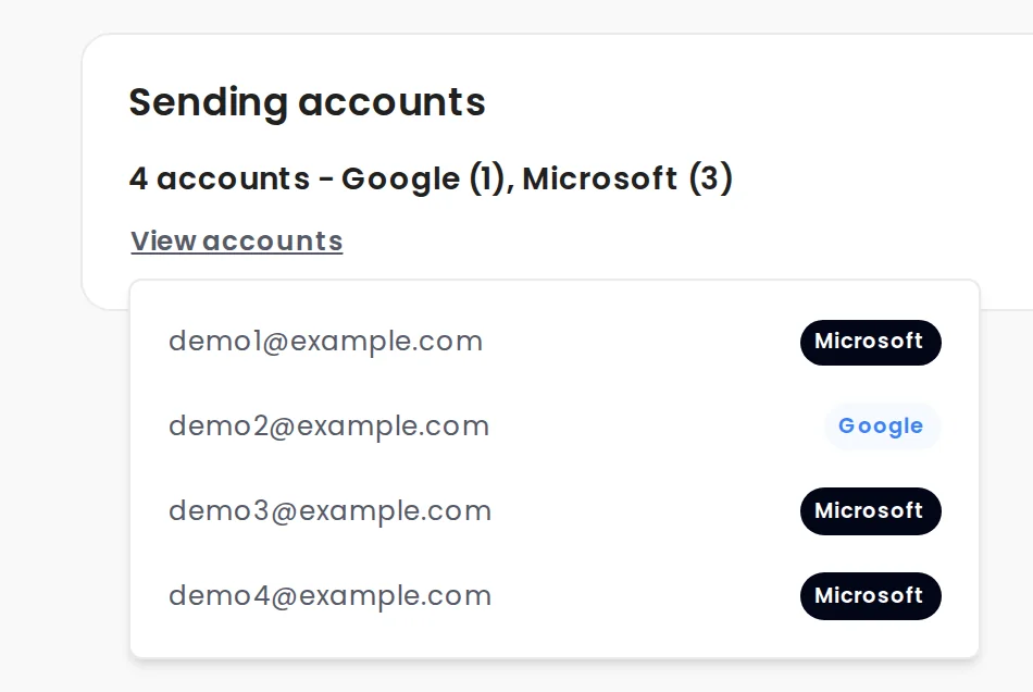 Woodpecker campaign summary listing the four email accounts that will send